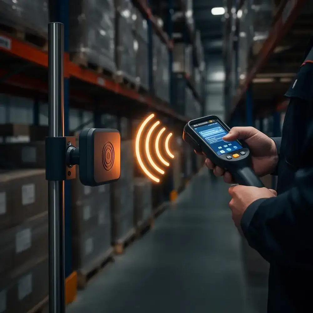 Leitor RFID escaneando tags em um centro de distribuição